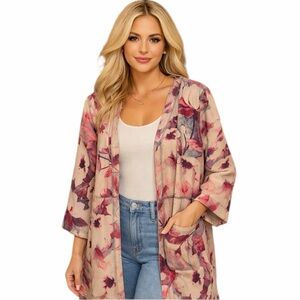 Anthropologie Solitaire Open Front Jacket XL Pink Red Floral Duster Long Sleeve